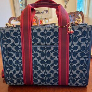NWT COACH Smith Tote in Signature Denim with Cherry Charm